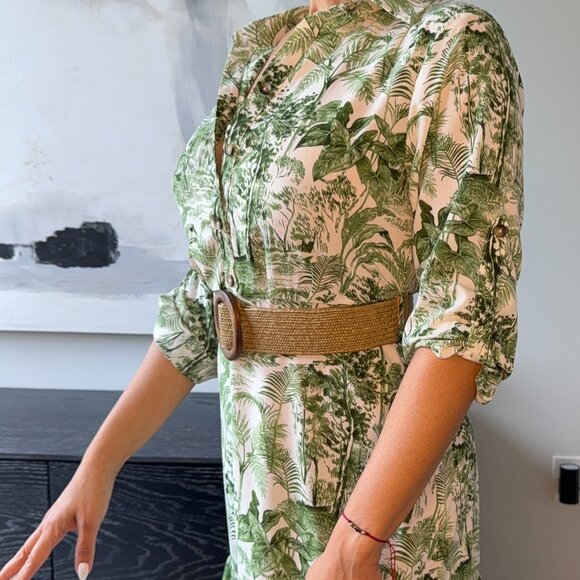MILK&HONEY/GREEN & WHITE VINTAGE TOILE/BELTED SUMMER DRESS/SIZE: SMALL - Picture 3 of 6